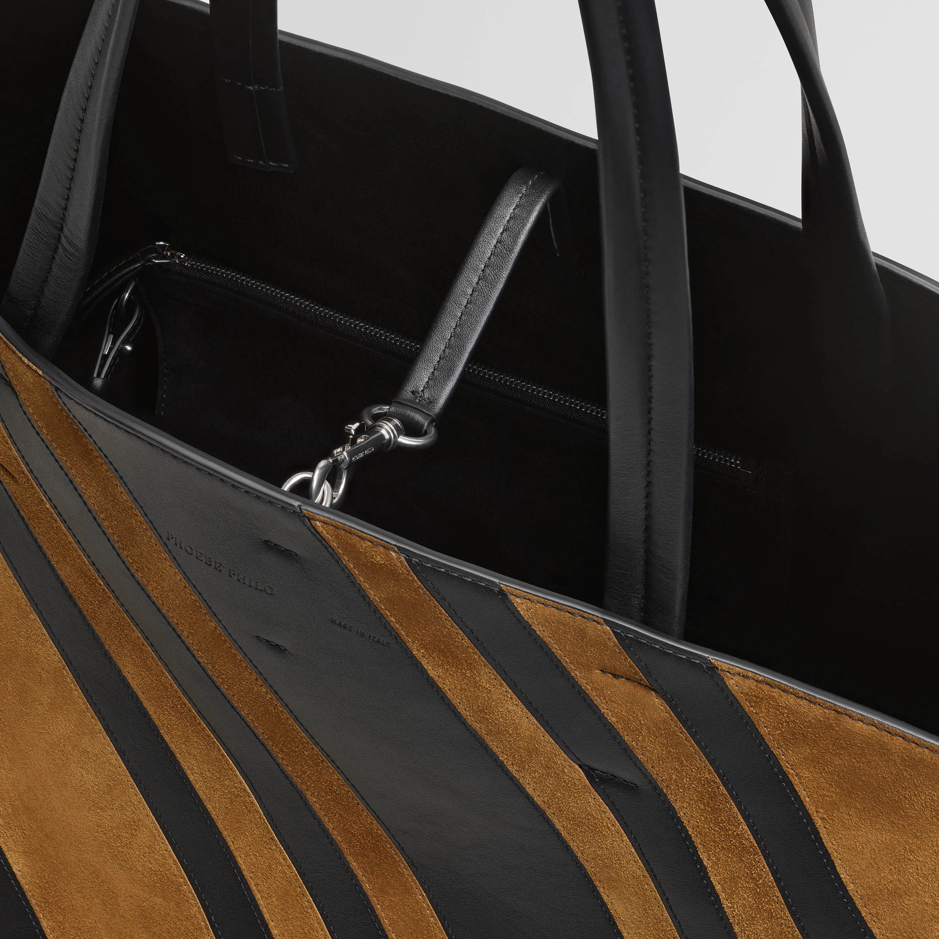 BASKET CABAS | black leather and toffee suede with silver