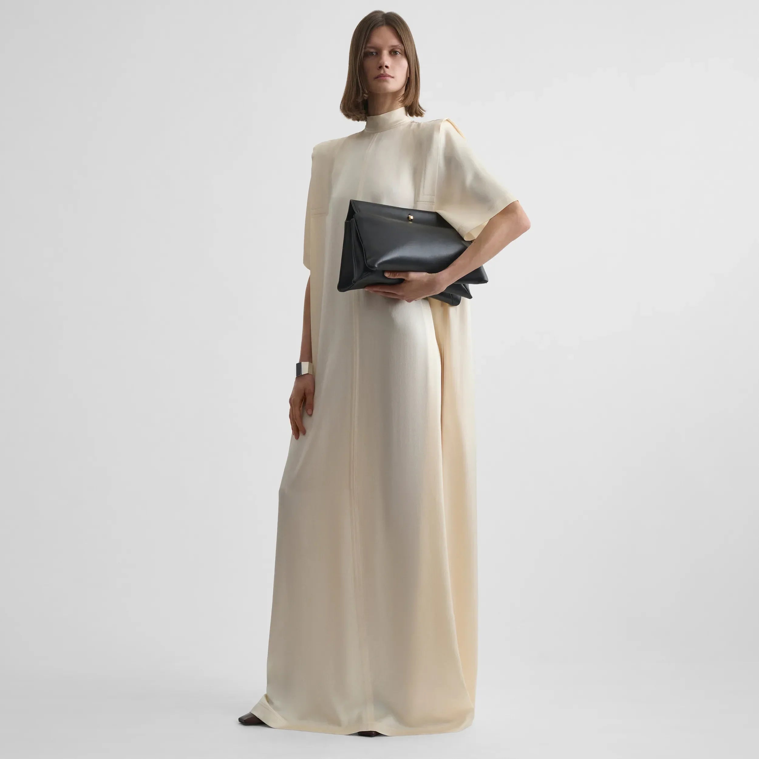 FOLDED SHOULDER DRESS | vanilla satin back crepe