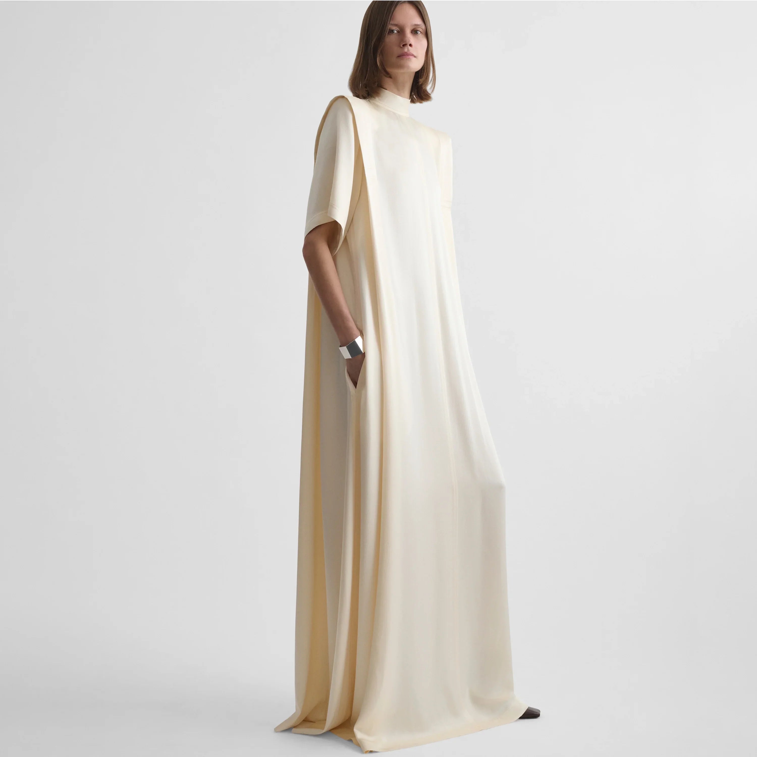 FOLDED SHOULDER DRESS | vanilla satin back crepe