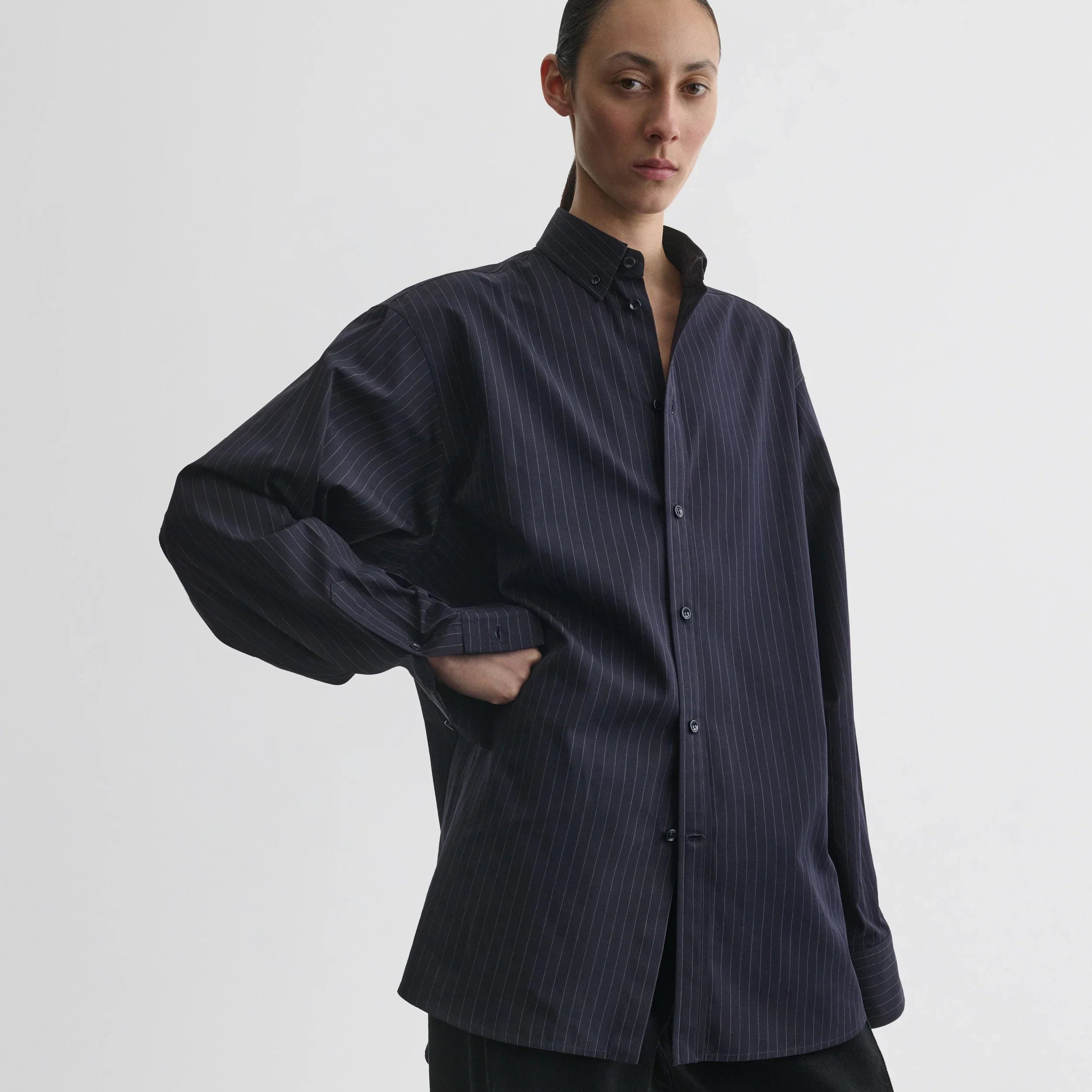 BUTTON COLLAR SHIRT | midnight pinstripe cotton