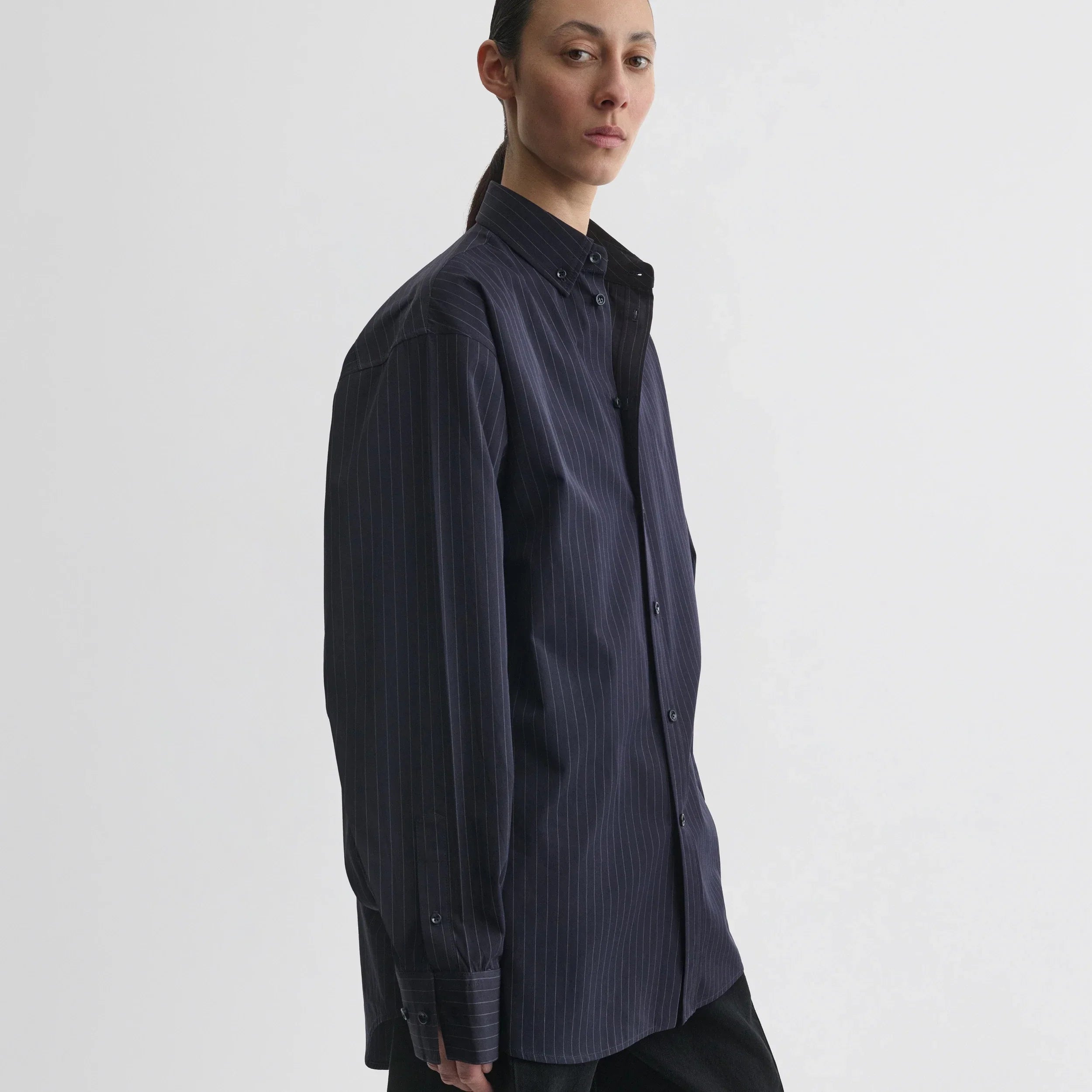 BUTTON COLLAR SHIRT | midnight pinstripe cotton