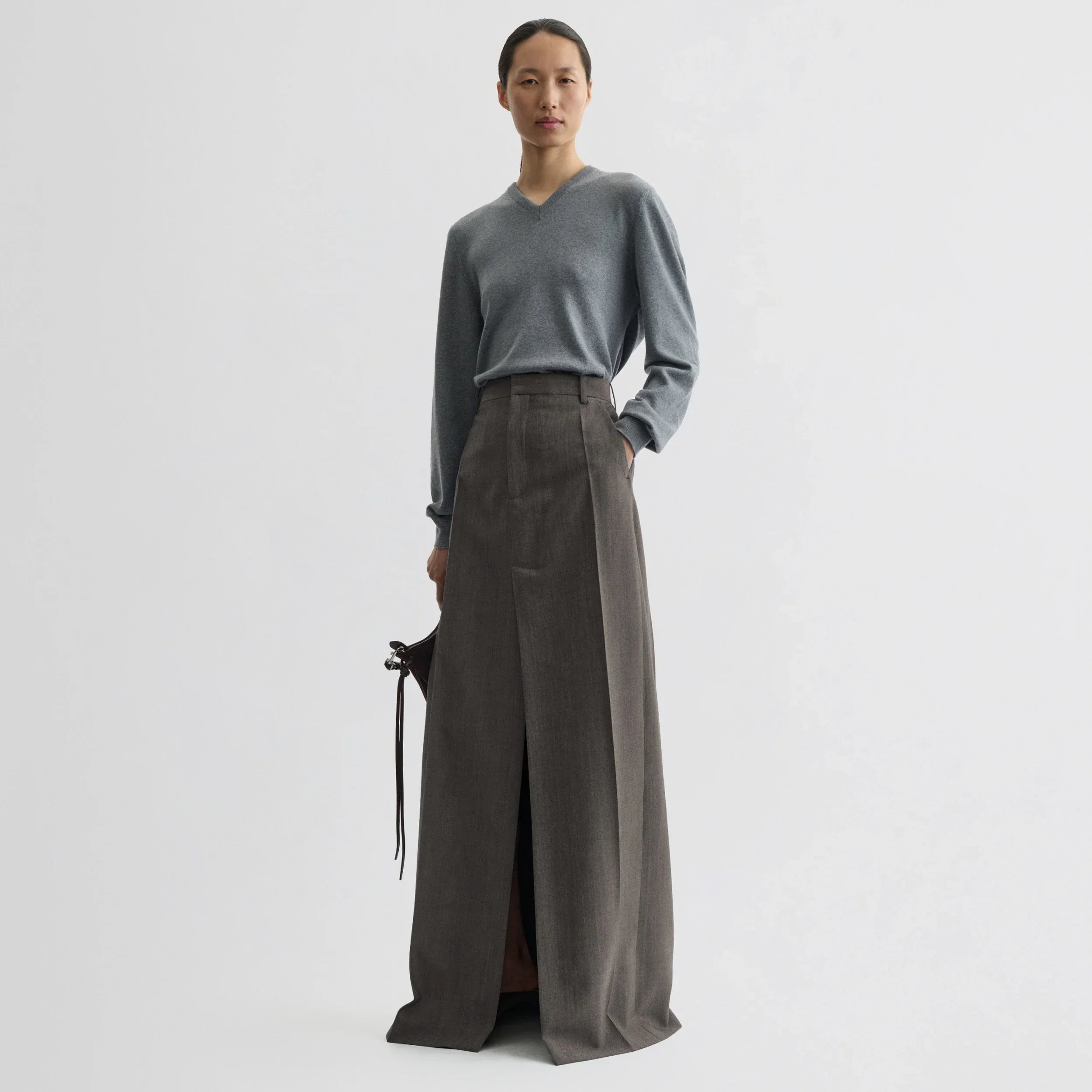 DOUBLE SLIT TAILORED SKIRT | dark taupe wool