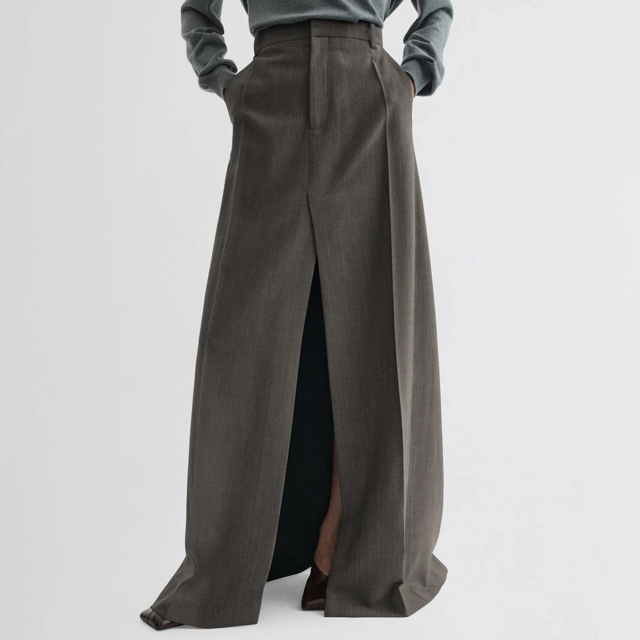 DOUBLE SLIT TAILORED SKIRT | dark taupe wool