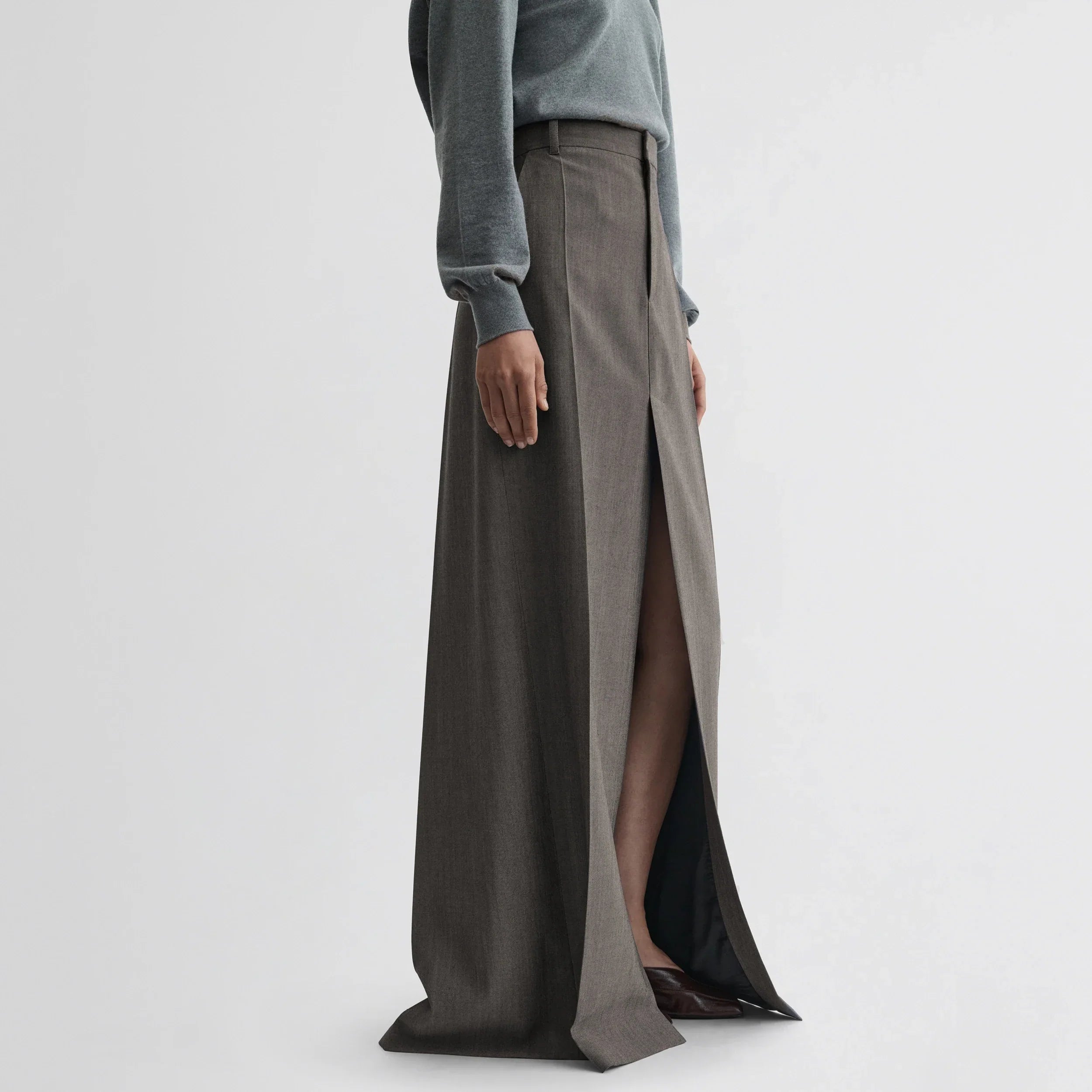 DOUBLE SLIT TAILORED SKIRT | dark taupe wool