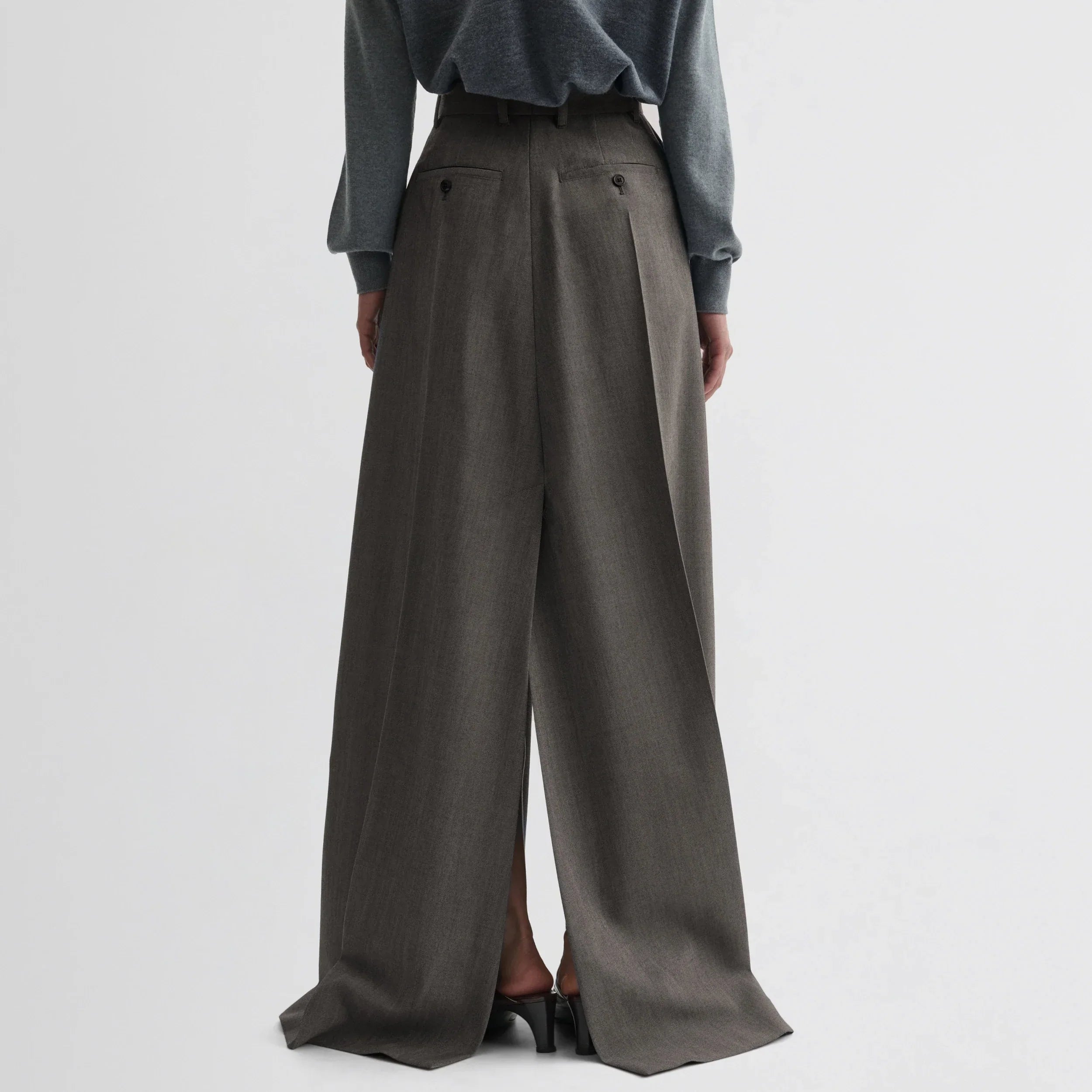 DOUBLE SLIT TAILORED SKIRT | dark taupe wool