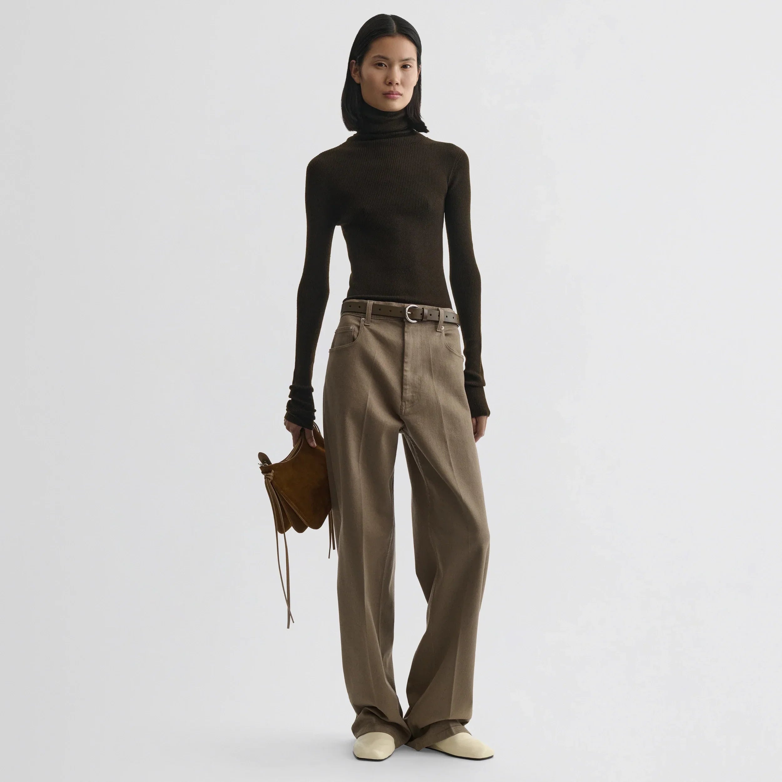 FINE RIB HIGH NECK TOP | dark khaki wool