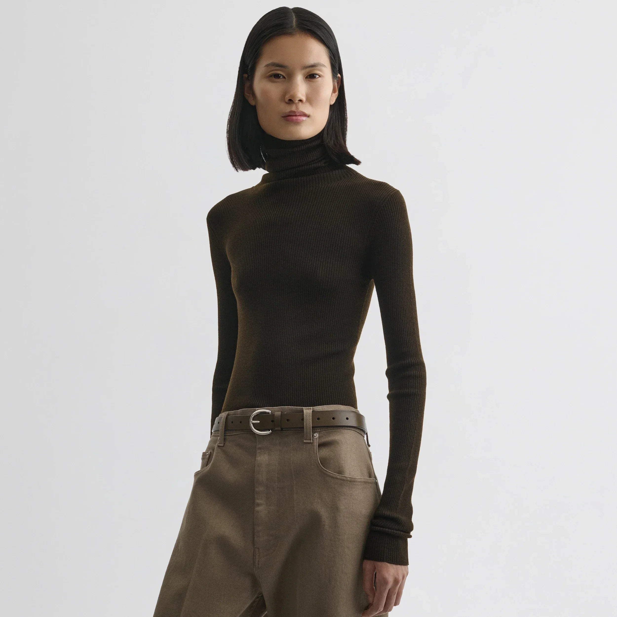 FINE RIB HIGH NECK TOP | dark khaki wool