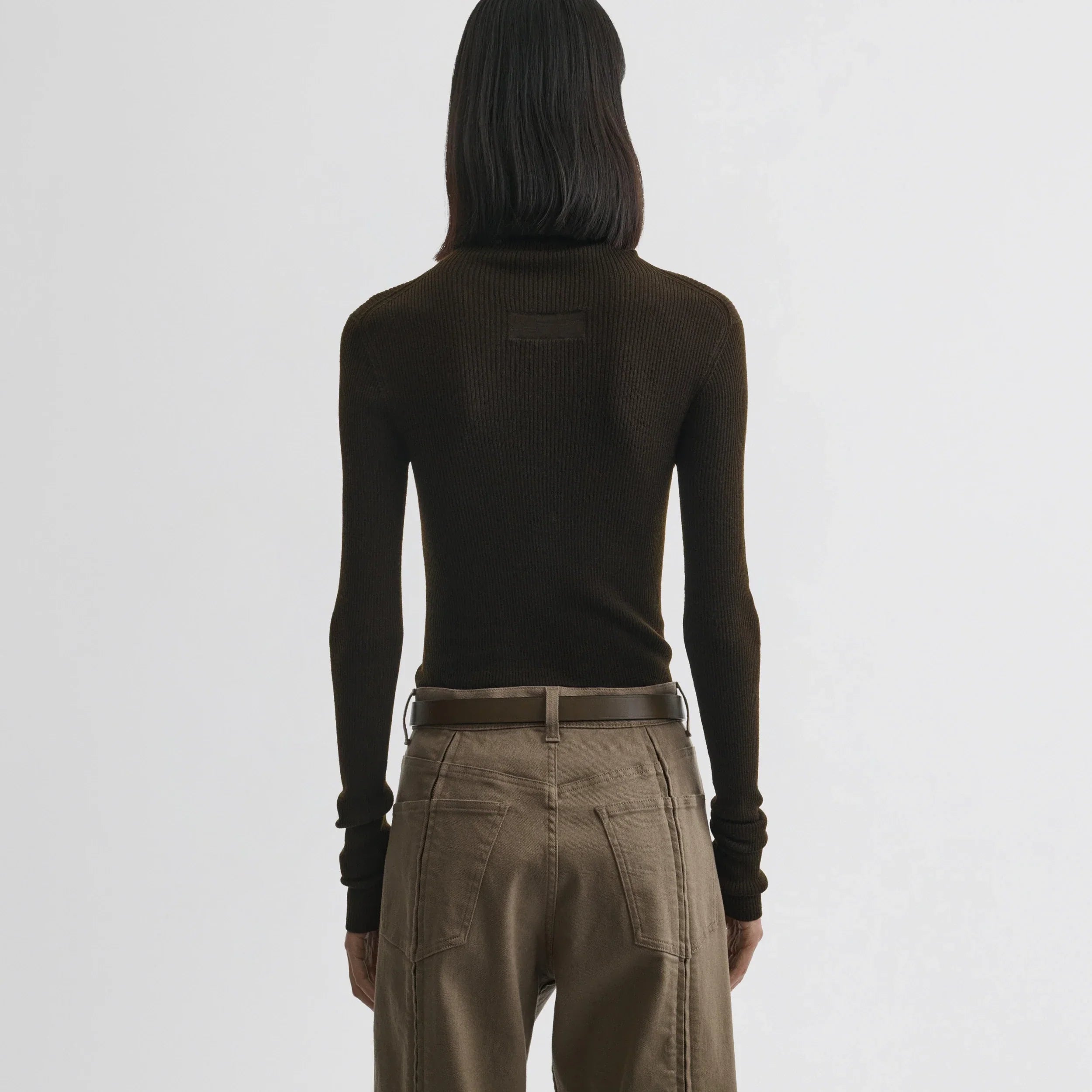 FINE RIB HIGH NECK TOP | dark khaki wool