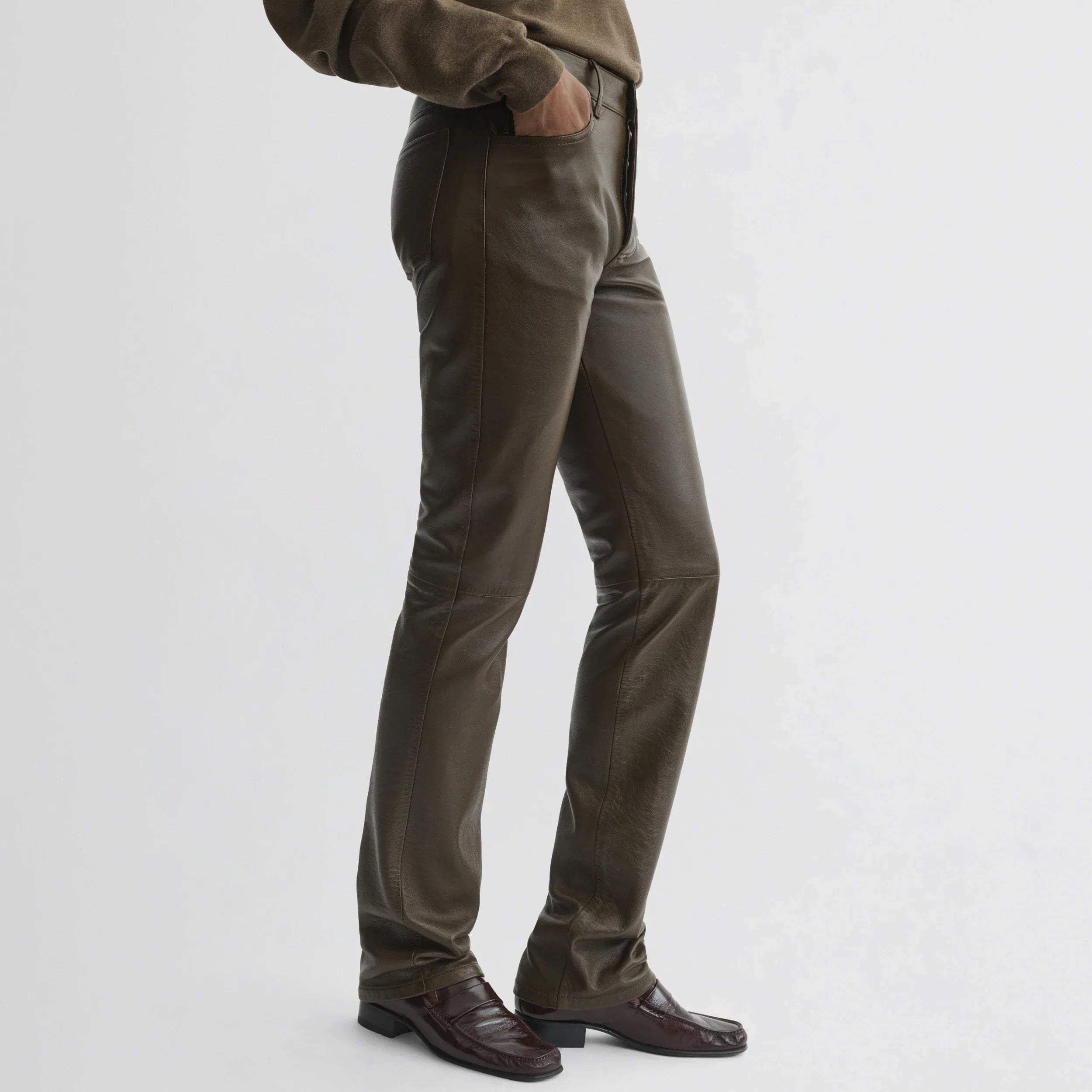 STRAIGHT LEG JEANS | green bronze leather
