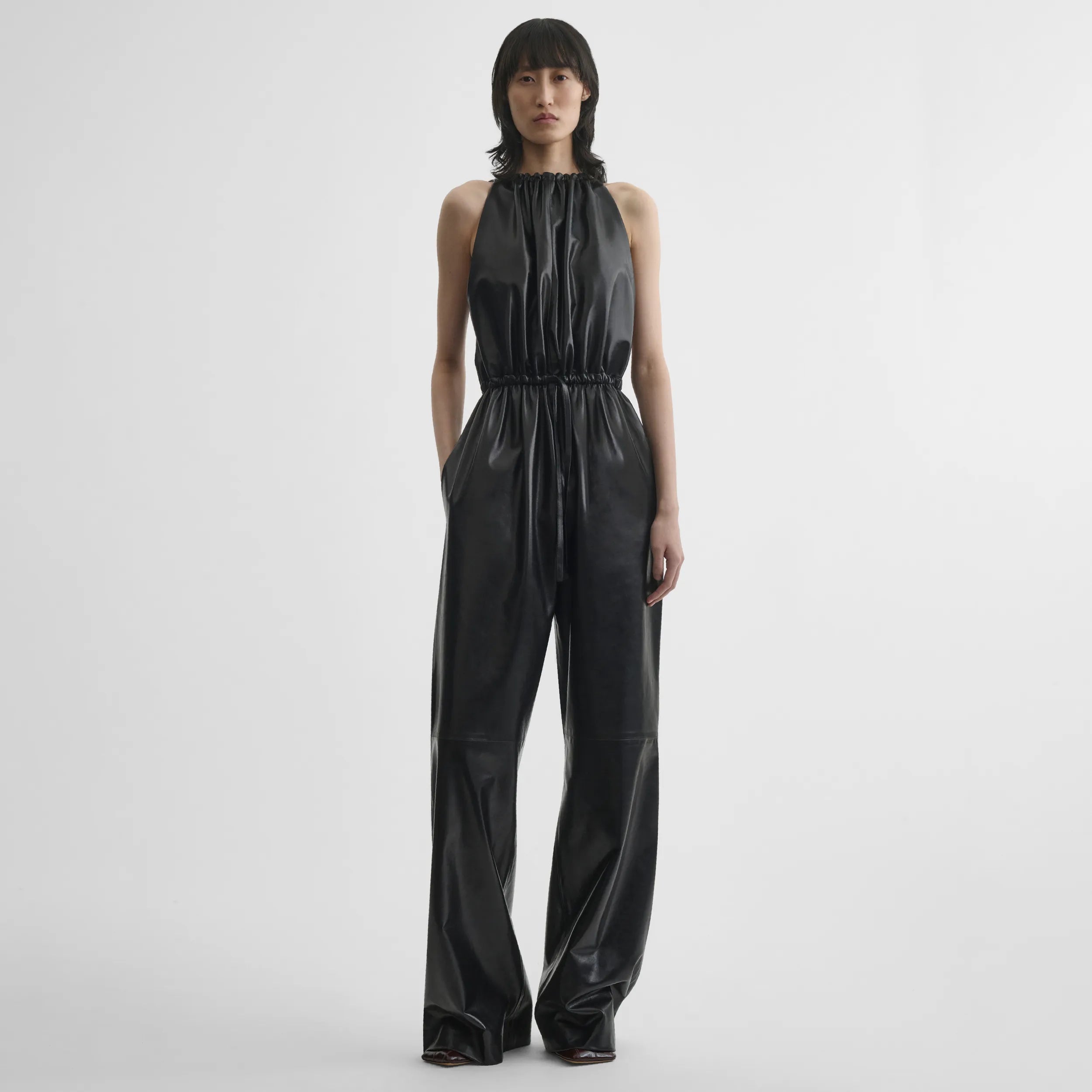 DRAWSTRING JUMPSUIT | black leather