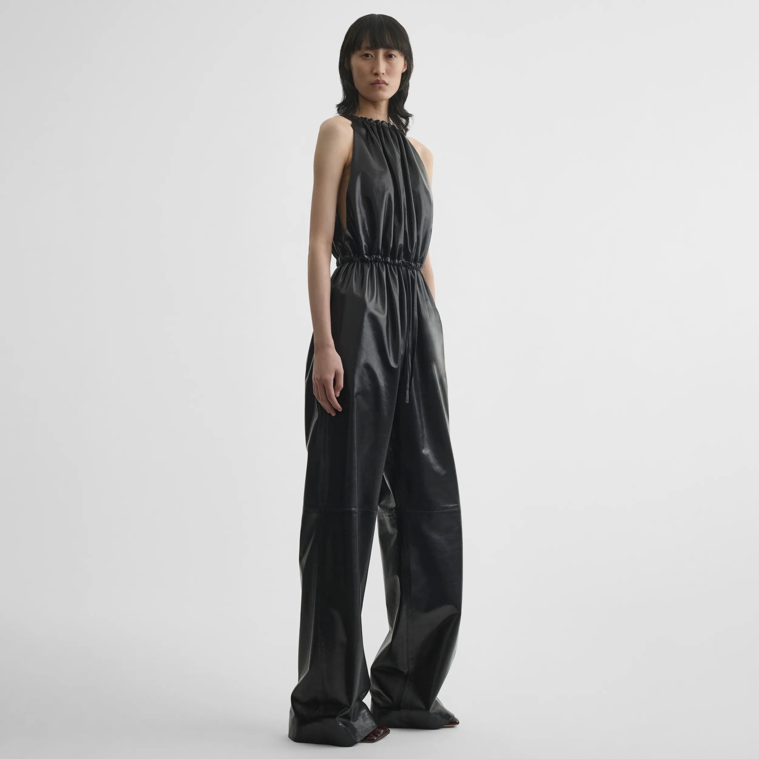 DRAWSTRING JUMPSUIT | black leather