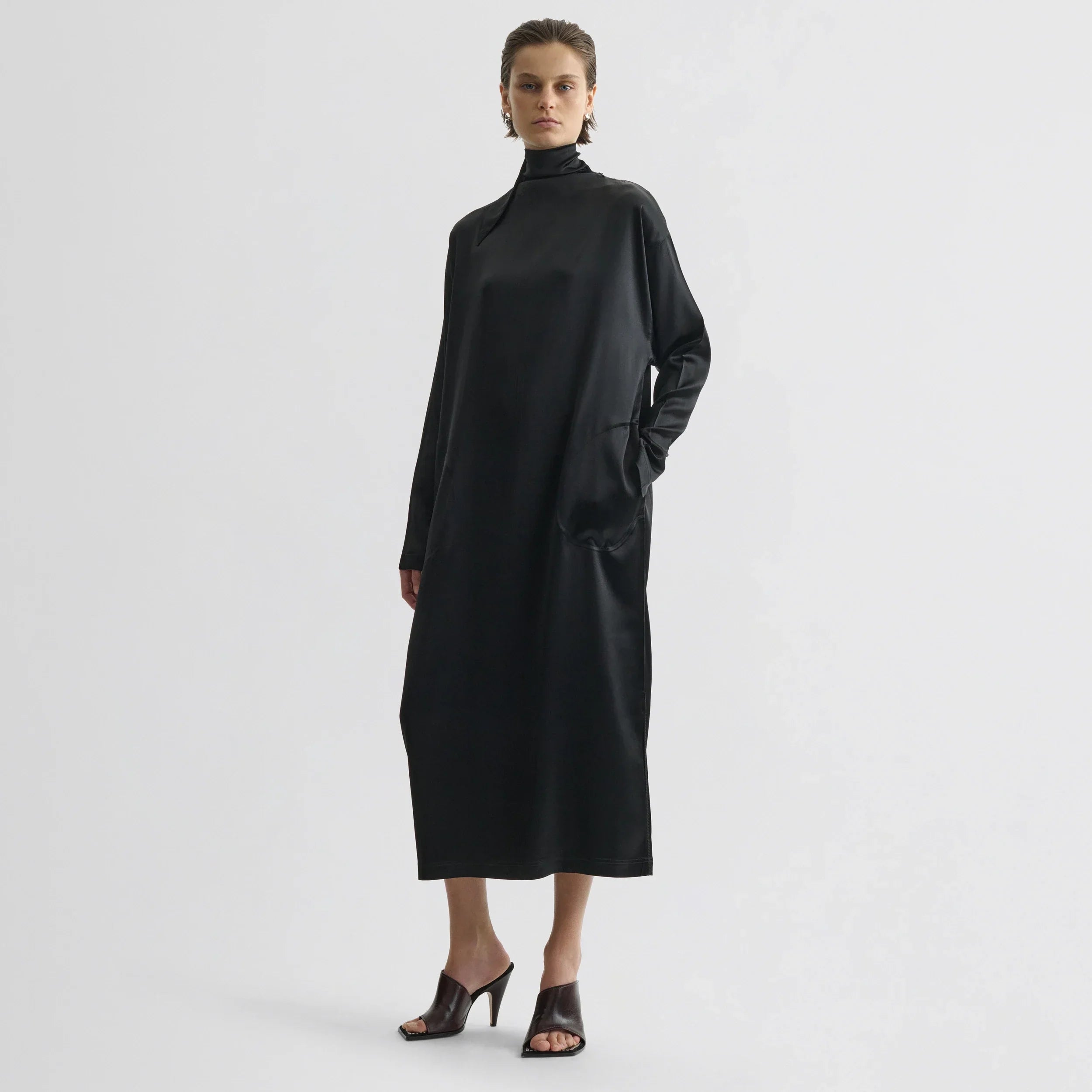 LIQUID HIGH NECK DRESS | black silk