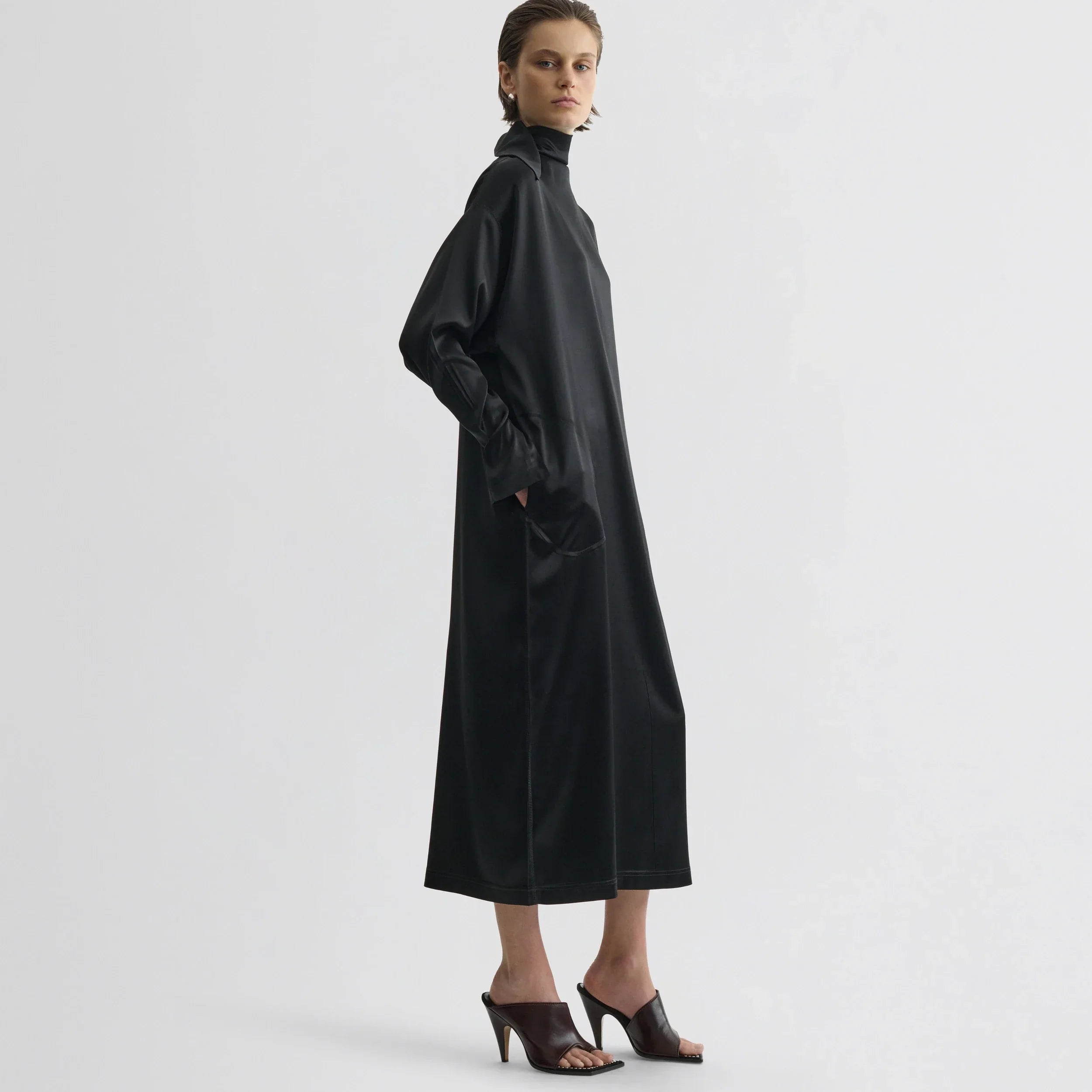 LIQUID HIGH NECK DRESS | black silk