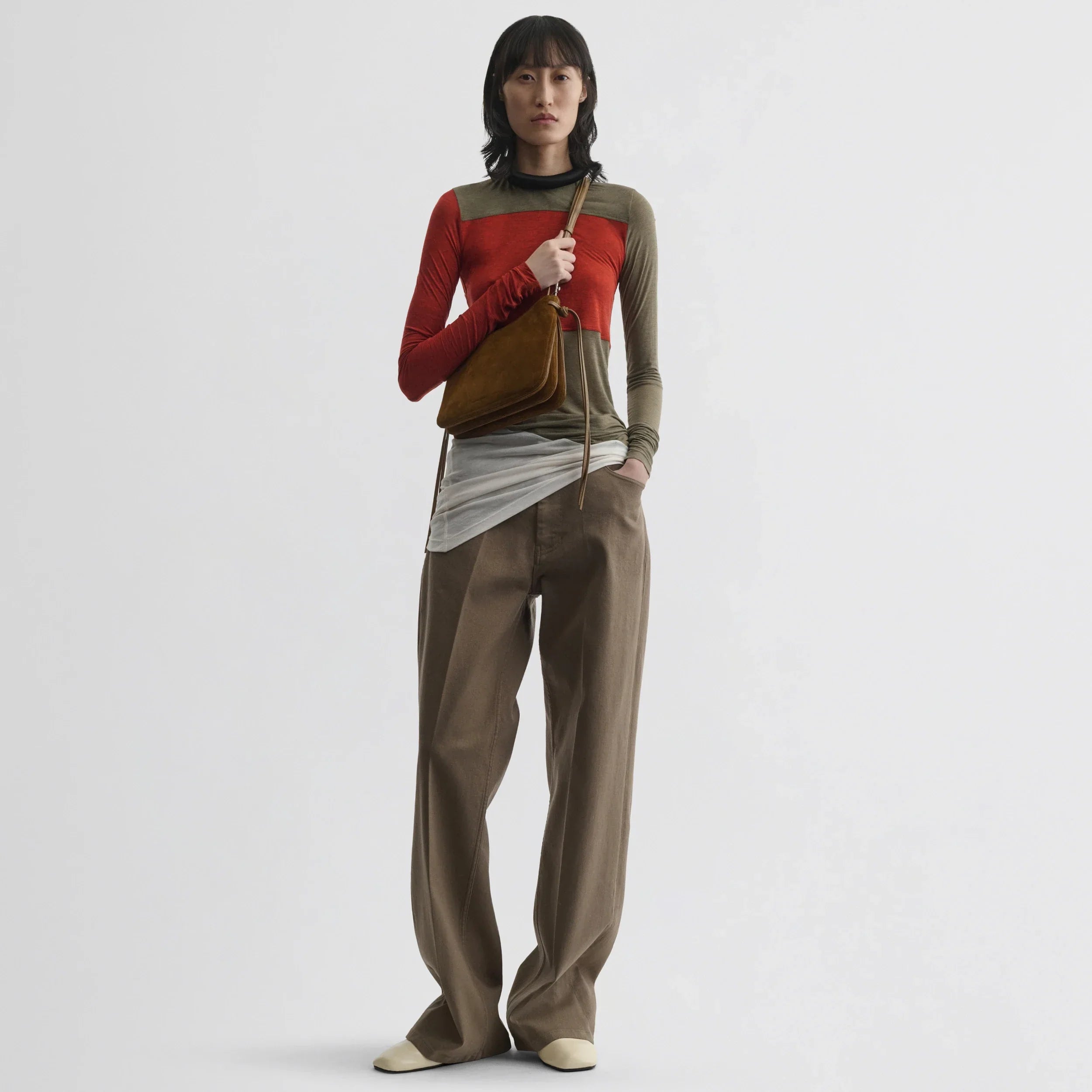 TUBULAR COLOUR BLOCK TOP | ivory tobacco red cotton