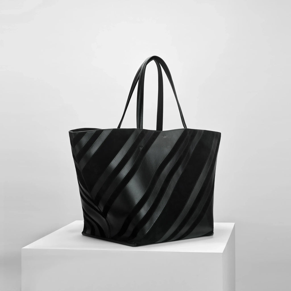 BASKET CABAS | black leather and suede with silver