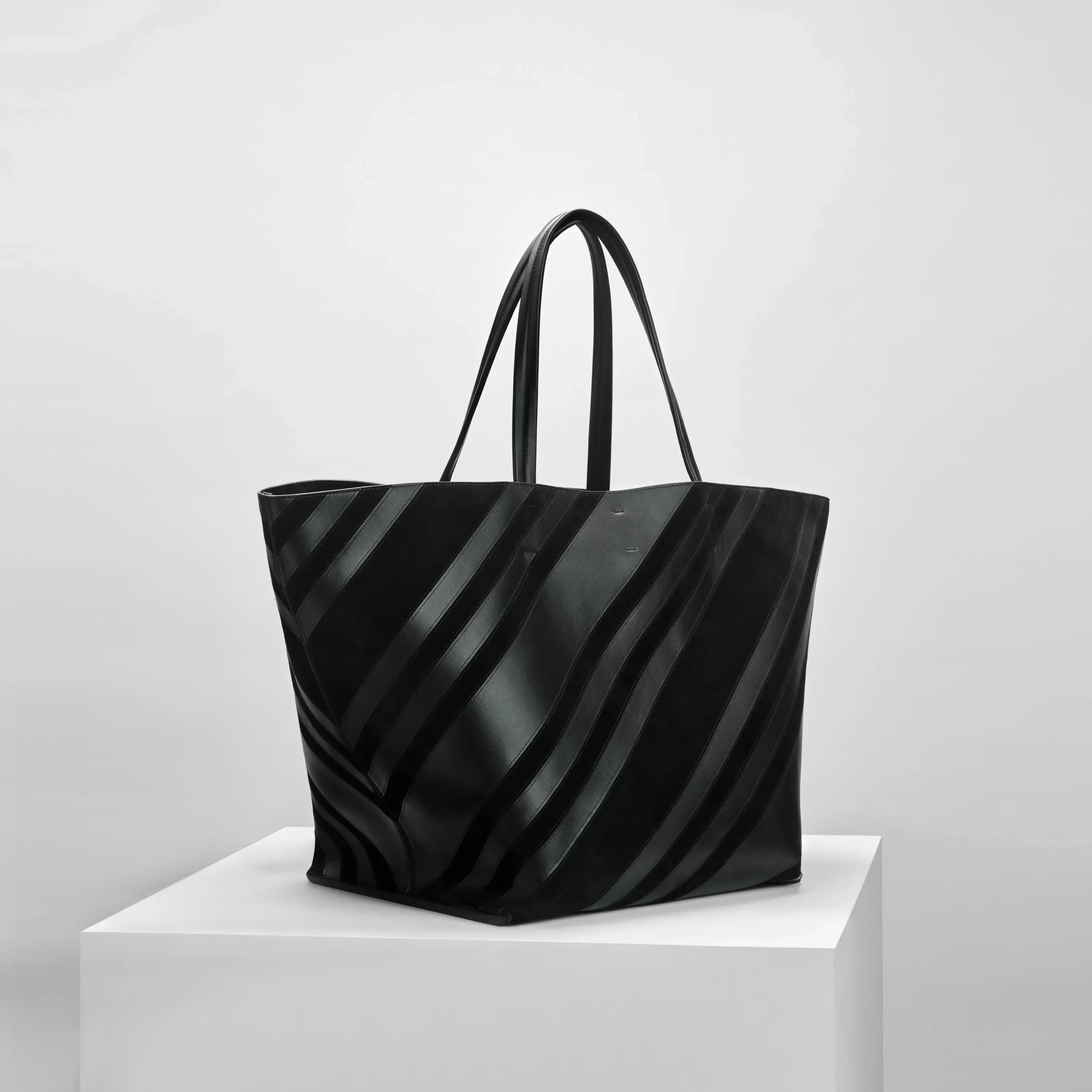 BASKET CABAS | black leather and suede with silver
