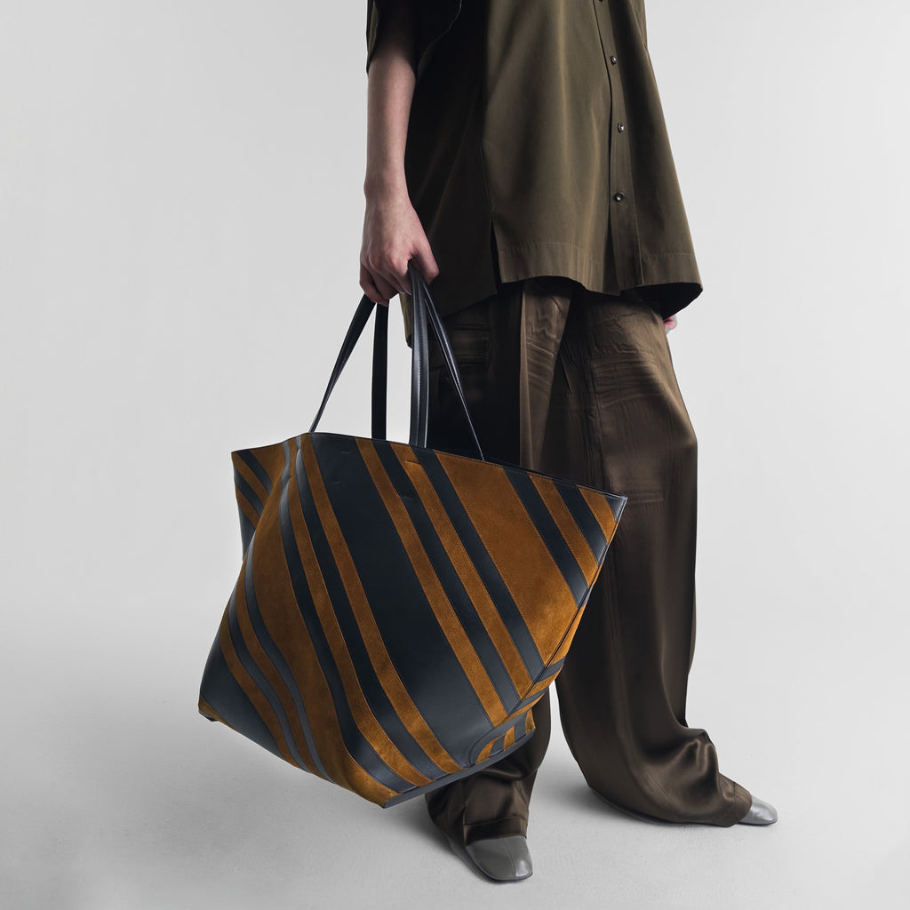 BASKET CABAS | black leather and toffee suede with silver