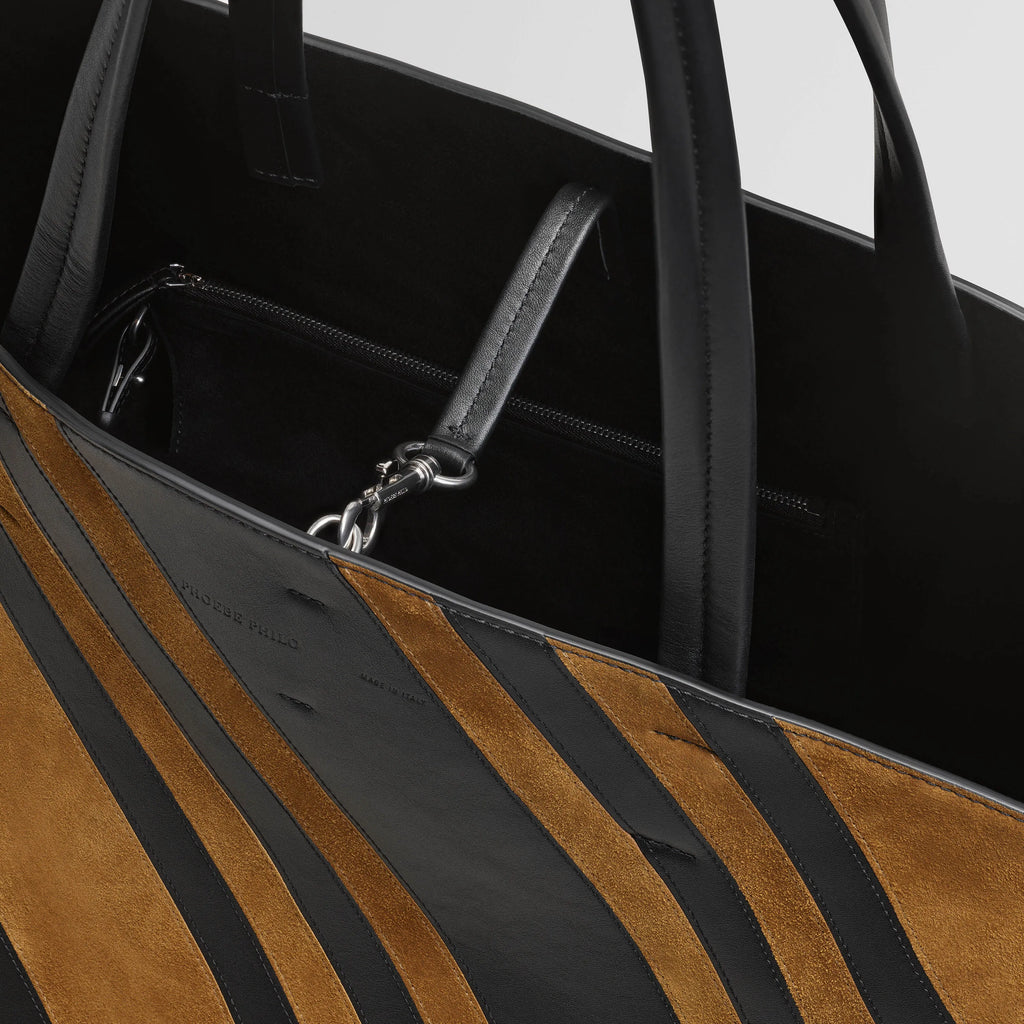 BASKET CABAS | black leather and toffee suede with silver