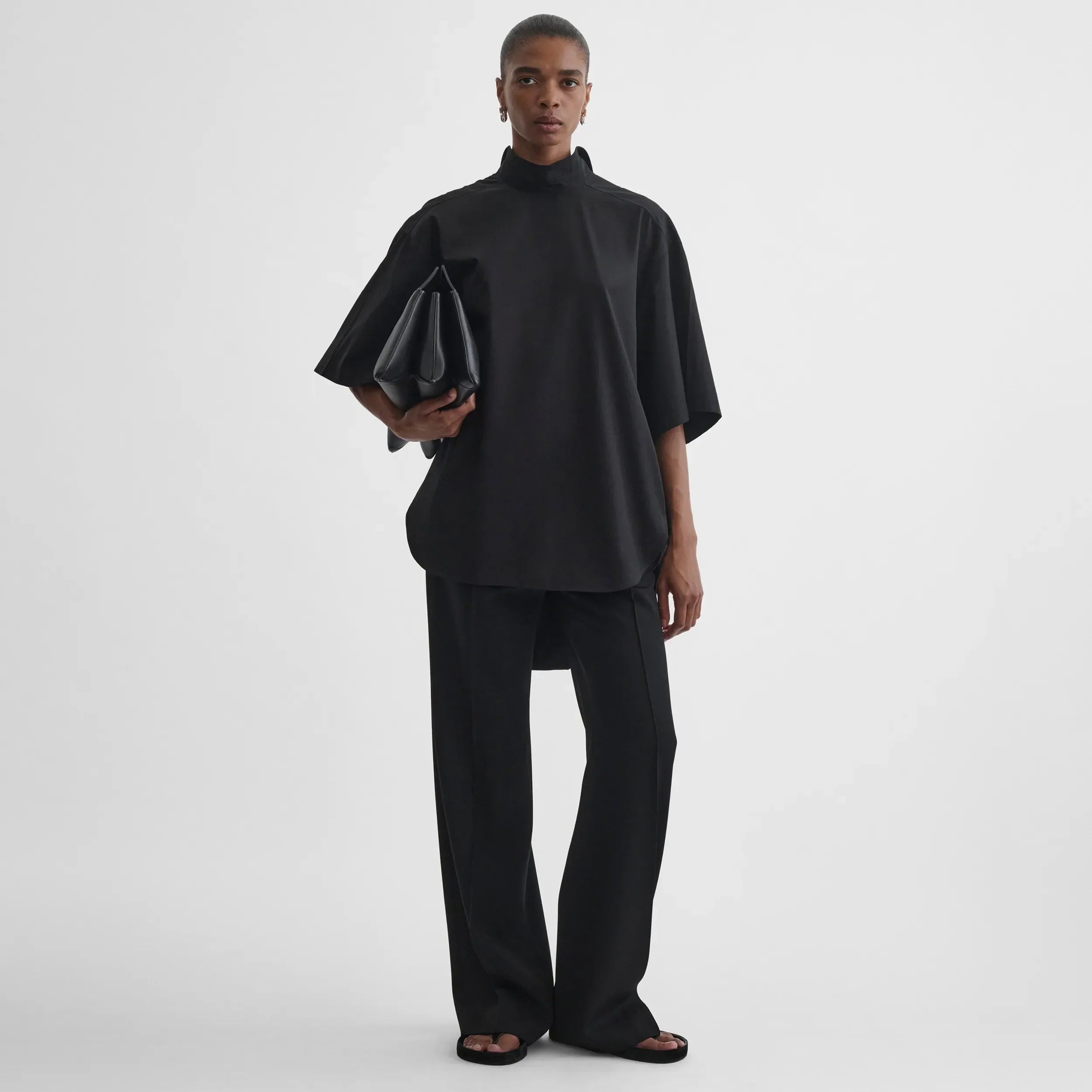 TIE NECK SHORT SLEEVE SHIRT | black cotton