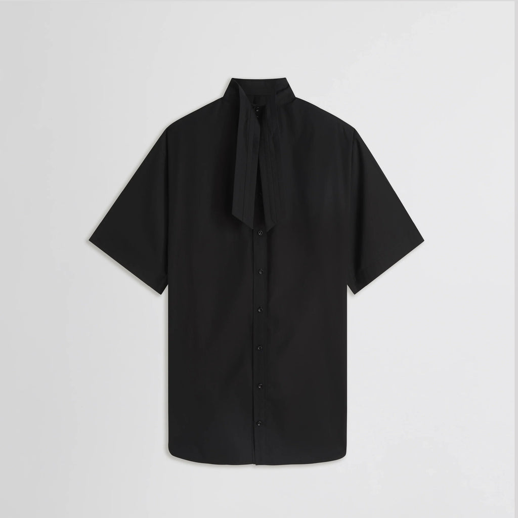 TIE NECK SHORT SLEEVE SHIRT | black cotton