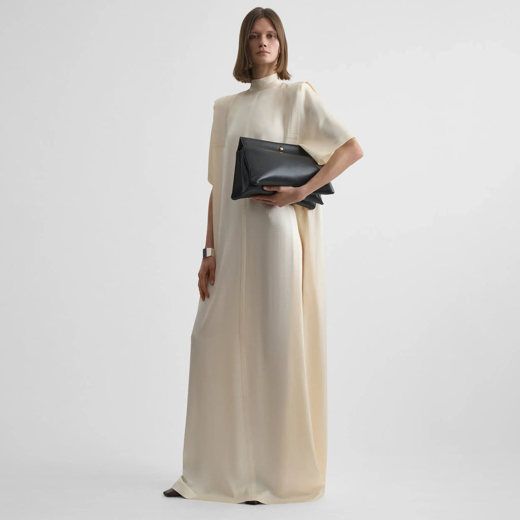 FOLDED SHOULDER DRESS | vanilla satin back crepe