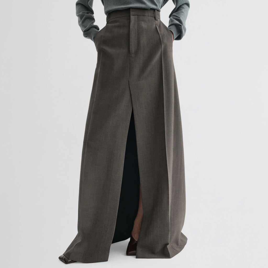 DOUBLE SLIT TAILORED SKIRT | dark taupe wool