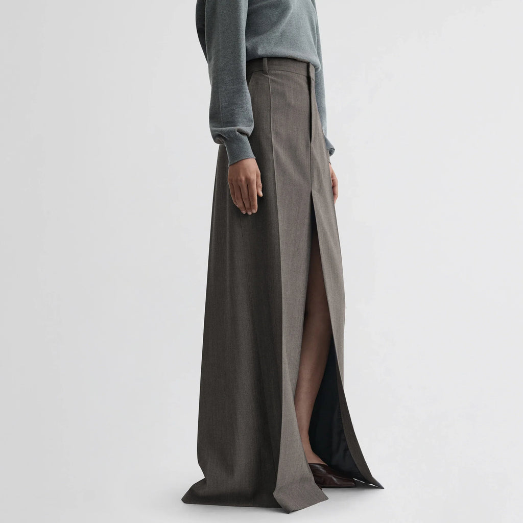 DOUBLE SLIT TAILORED SKIRT | dark taupe wool