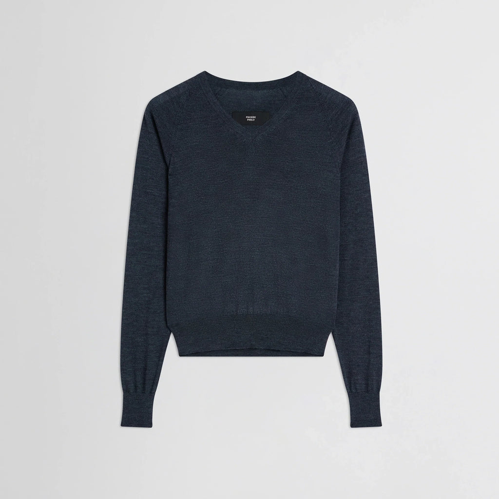 SHRUNK V-NECK | dark blue melange wool