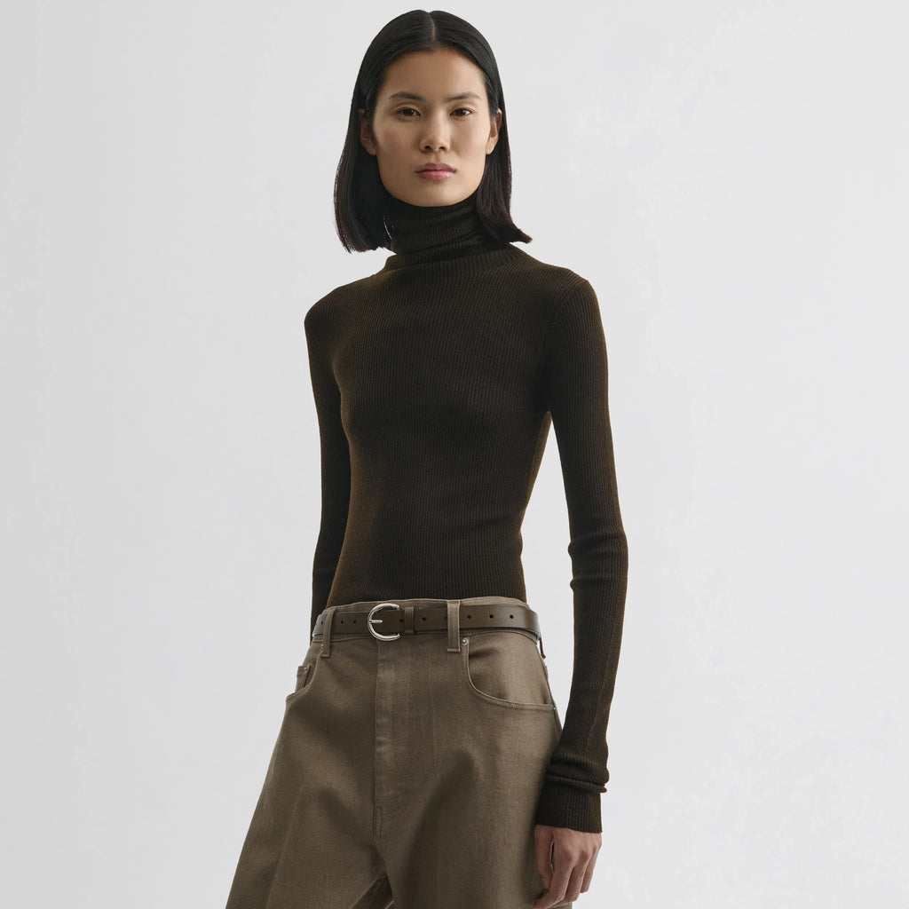 FINE RIB HIGH NECK TOP | dark khaki wool