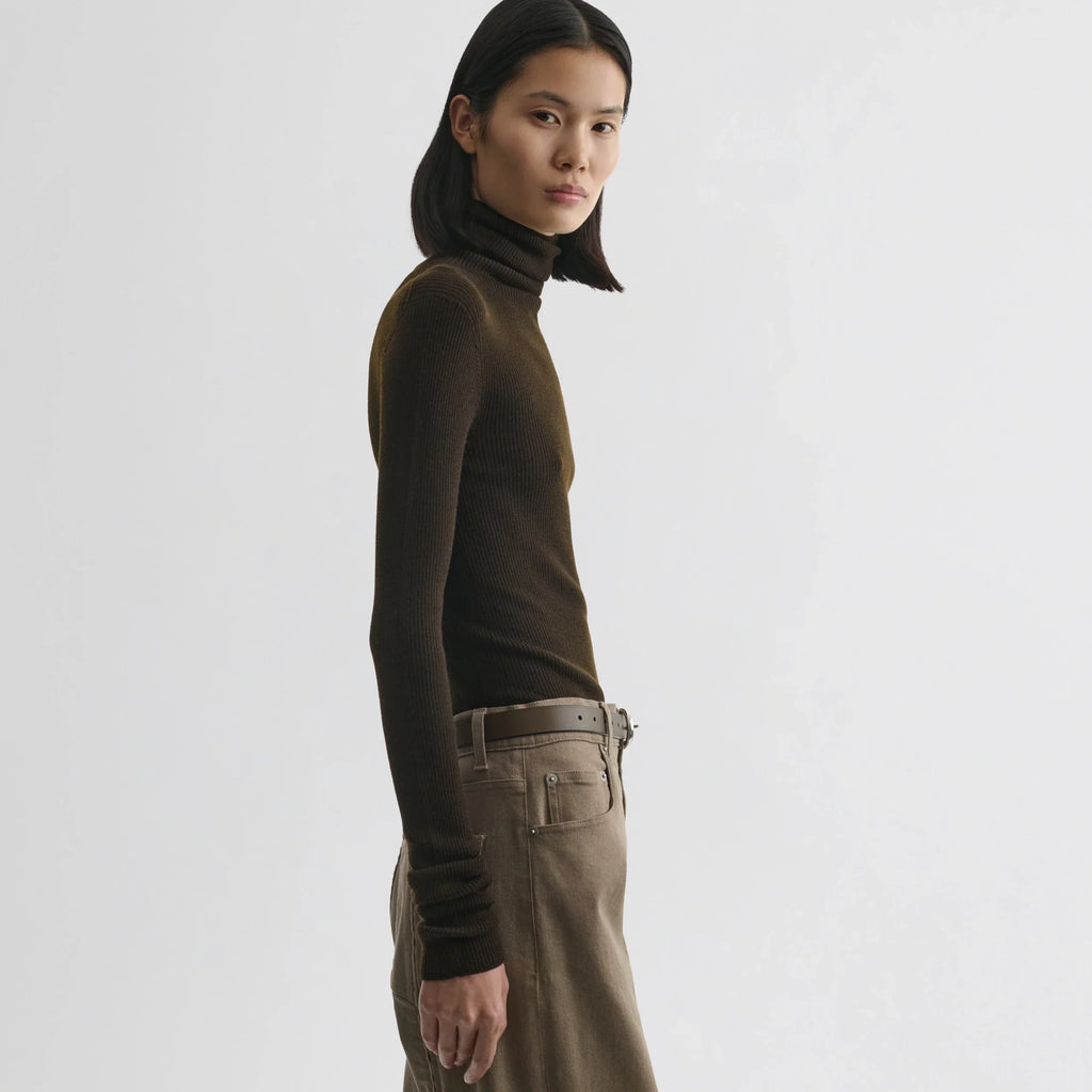 FINE RIB HIGH NECK TOP | dark khaki wool