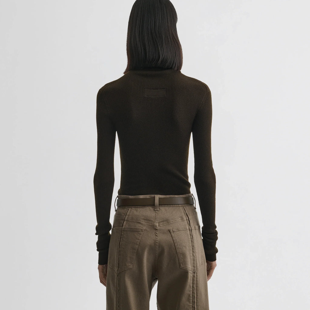 FINE RIB HIGH NECK TOP | dark khaki wool