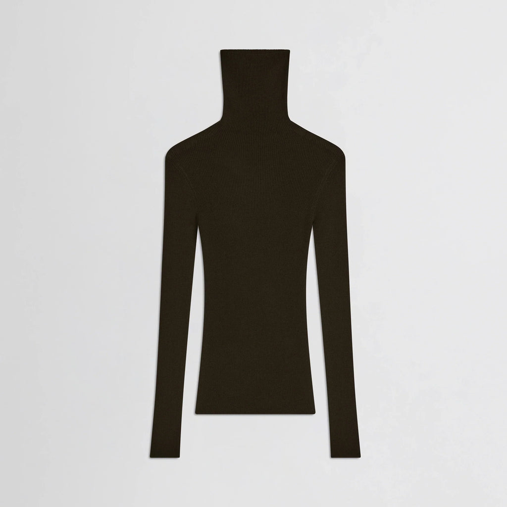 FINE RIB HIGH NECK TOP | dark khaki wool