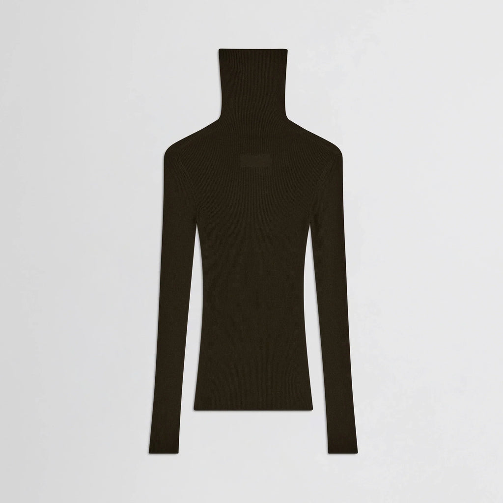 FINE RIB HIGH NECK TOP | dark khaki wool
