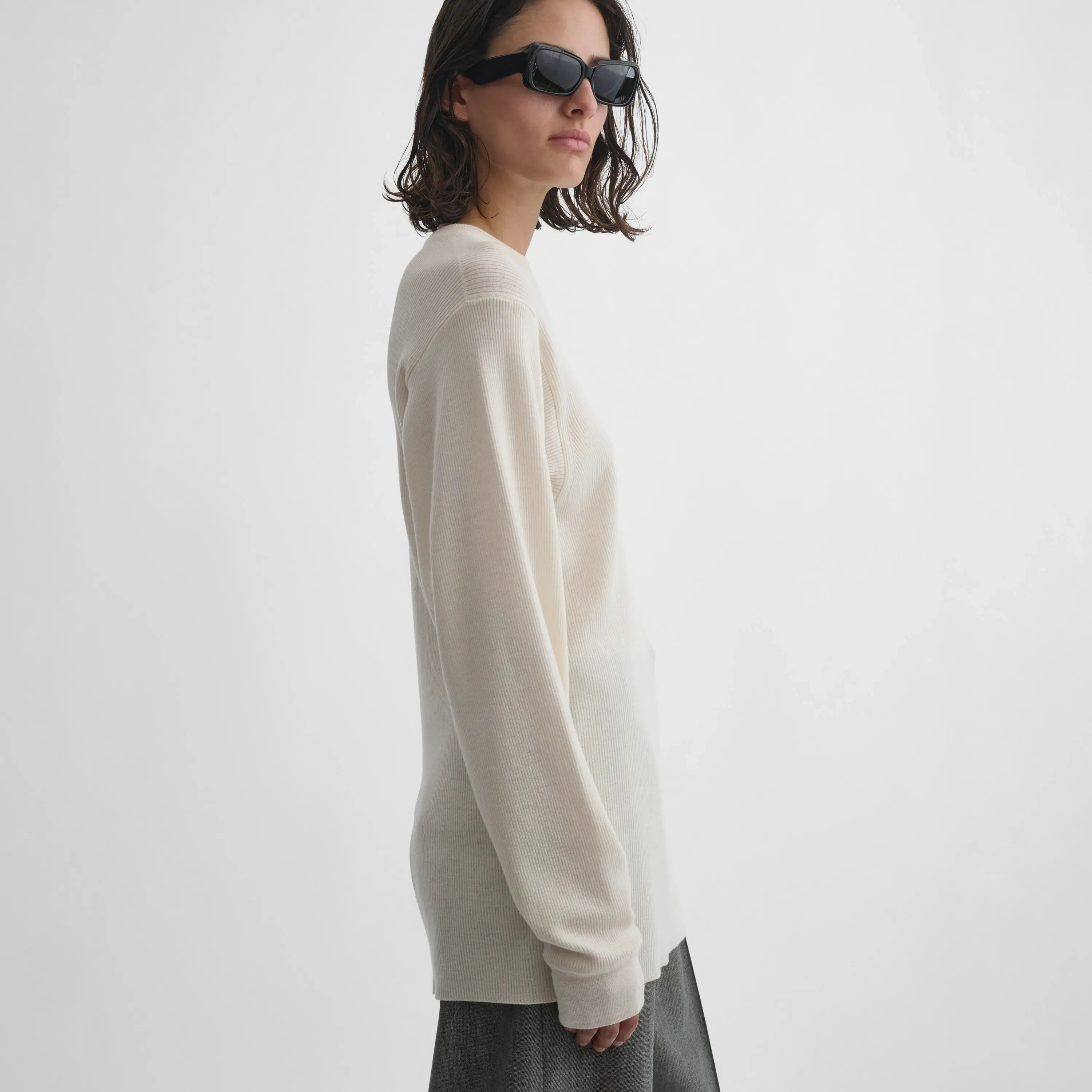 RIBBED LONG SLEEVE CREWNECK | cream wool
