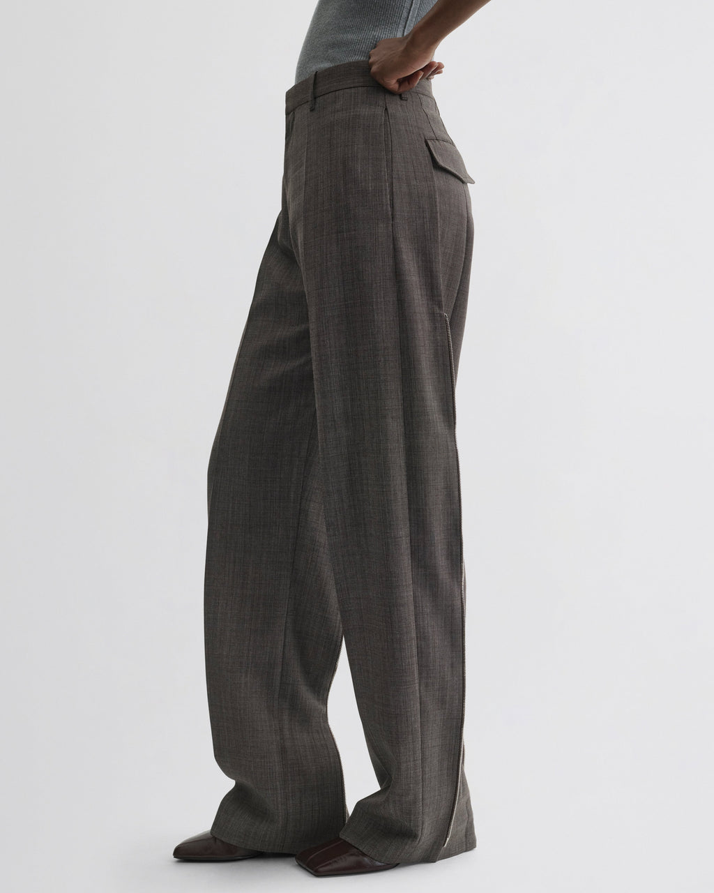SPLIT ZIP TROUSERS | white dark brown wool