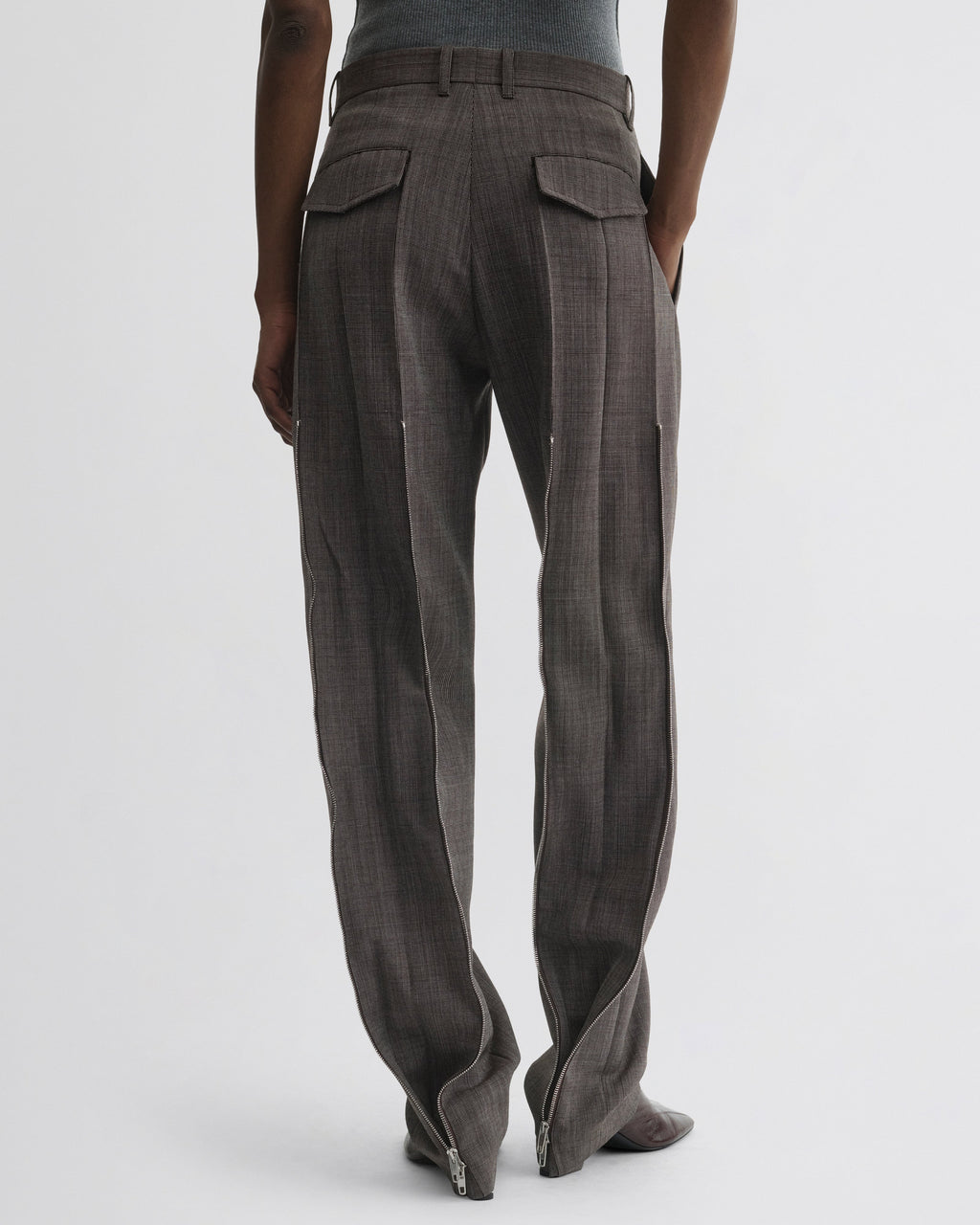 SPLIT ZIP TROUSERS | white dark brown wool