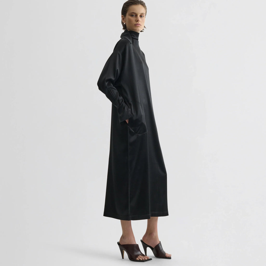 LIQUID HIGH NECK DRESS | black silk